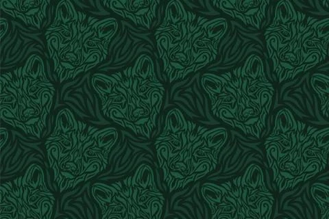 Hand drawn green seamless pattern with wolf head Stock Illustration