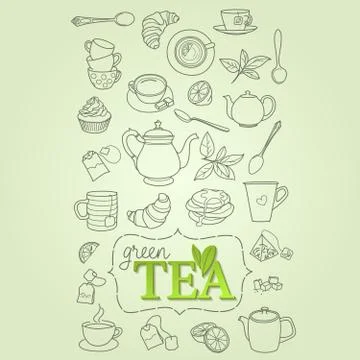 Hand drawn green tea doodle concept vector Stock Illustration