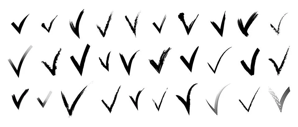 Hand-drawn grunge check mark collection. Vector set of black ink brush strokes Stock Illustration