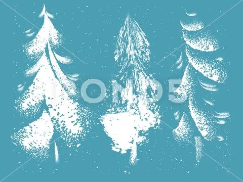 Hand drawn grunge Christmas trees set decorative style Stock Illustration