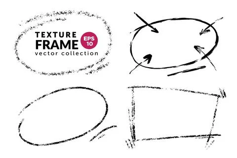 Hand drawn grunge frames oval and rectangular shape set. Black paint stroke.. Stock Illustration