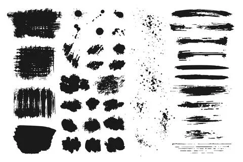 Hand drawn grunge set of abstract ink spots, brush strokes and paint splashes Stock Illustration