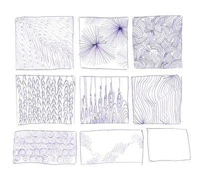 Hand drawn grunge textures pattern design wood bubbles circles curls dots lines Stock Illustration