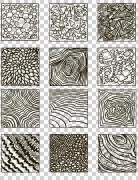 Hand drawn grunge textures pattern design wood bubbles circles curls dots lines Stock Illustration