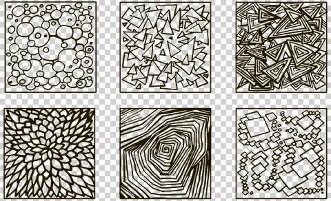 Hand drawn grunge textures pattern design wood bubbles circles curls dots lines Stock Illustration