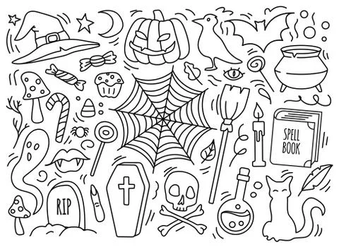 Hand drawn halloween attributes set. Stock Illustration