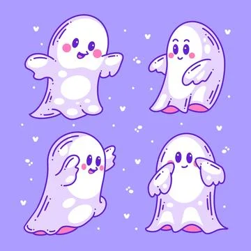Hand drawn halloween cute ghost doodle collection full color Stock Illustration