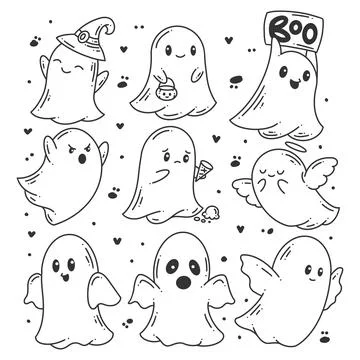 Hand drawn halloween cute ghost collection Stock Illustration