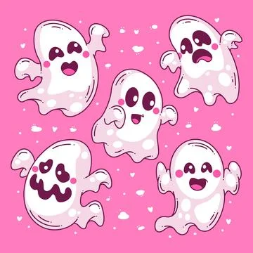Hand drawn halloween cute ghost set doodle full color Stock Illustration