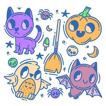 Hand drawn Halloween elements collection full color Stock Illustration