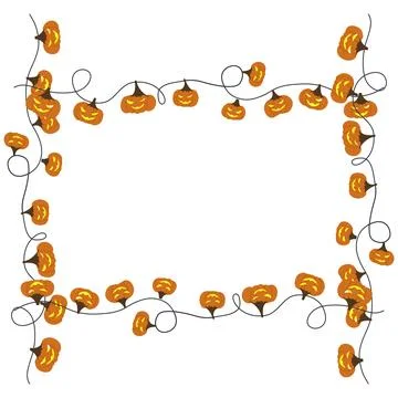 Hand drawn halloween rectangle frame with pumpkins. Jack lantern with light.. Stock Illustration