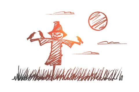 Hand drawn Halloween scarecrow with crows at night Stock Illustration