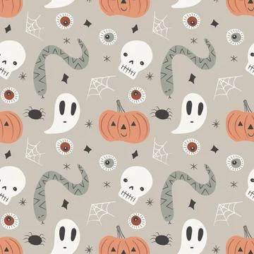 Hand drawn Halloween seamless pattern with pumpkins, skull, snake, ghosts Stock Illustration
