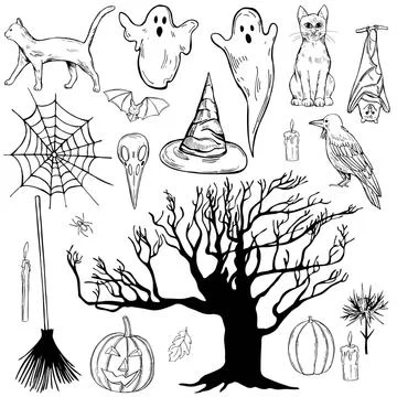 Hand drawn halloween set. Vector sketch illustration. Stock Illustration