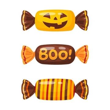 Hand Drawn Halloween Wrapped Candy Vector Set Purple Orange Sweets Ilustração Stock