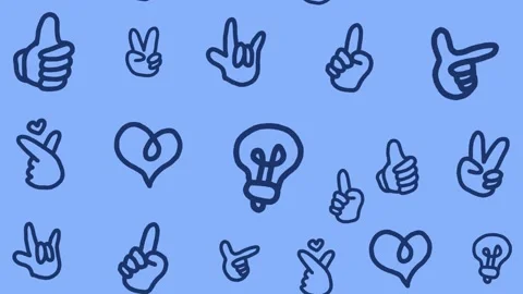 Hand-drawn hand gesture doodle icons seamless pattern blue background animation Stock Footage 341406469