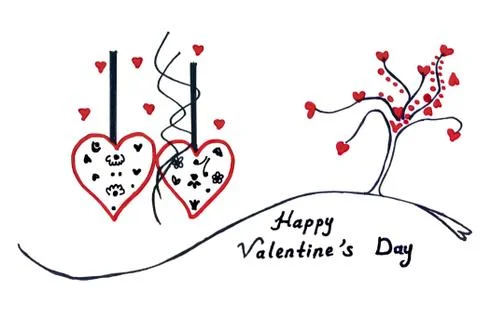 Hand drawn hanging hearts and love tree. Stock Illustration