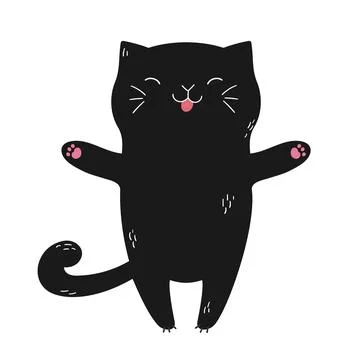 Hand drawn happy black cat opens arms for hug. Cute doodle cat Stock Illustration