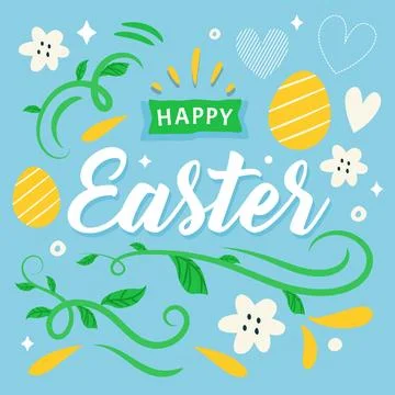 Hand drawn happy easter day concept with greeting Stock Illustration