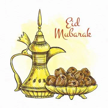 Hand drawn happy eid mubarak golden muslim pitcher Stock Illustration