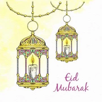 Hand drawn happy eid mubarak golden lantern Stock Illustration
