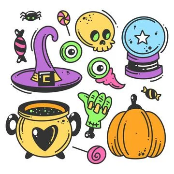 Hand drawn happy Halloween elements collection full color Stock-Illustration