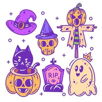 Hand drawn happy Halloween elements icon collection full color Stock Illustration