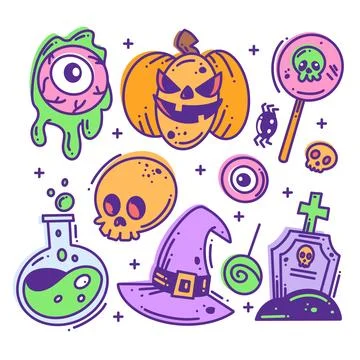 Hand drawn happy Halloween elements icon set full color Stock Illustration