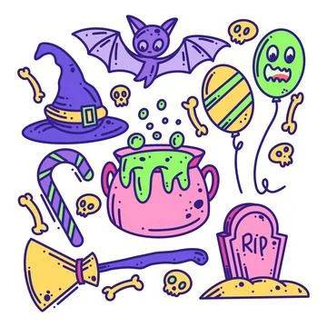 Hand drawn happy Halloween elements set full color Stock Illustration