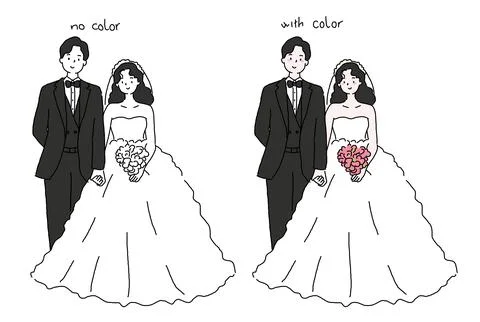 Hand drawn happy romantic young couple, cute bride and groom Ilustração Stock