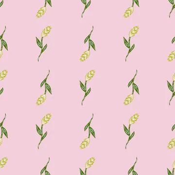 Hand drawn harvest seamless pattern with green little ear of wheat silhoettes Stockillustratie