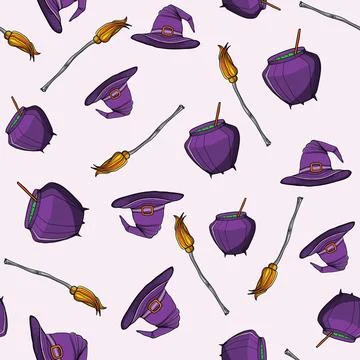 Hand drawn hat, cauldron, broom on a light background. Stock Illustration