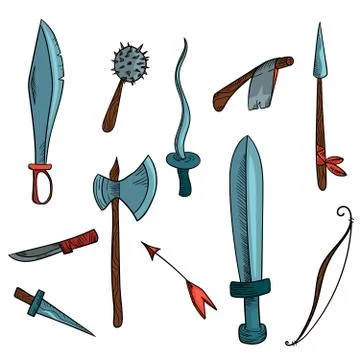 Hand drawn hatching weapon set. Stock Illustration