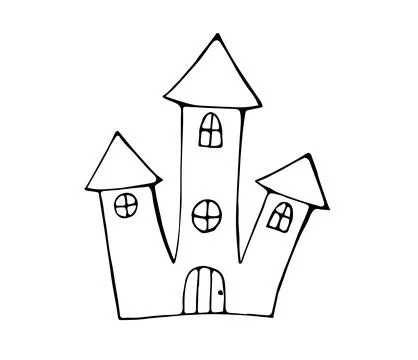 Hand Drawn Haunted Witch House with Towers and Windows Line Art Doodle Illu.. Ilustración de archivo