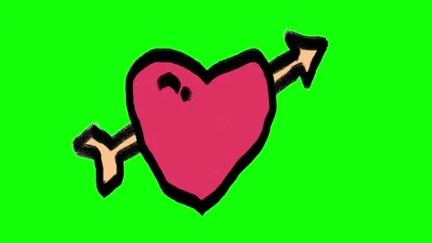 Hand-drawn heart pierced by Cupid's arrow doodle isolated on green screen Stock Footage 337888881