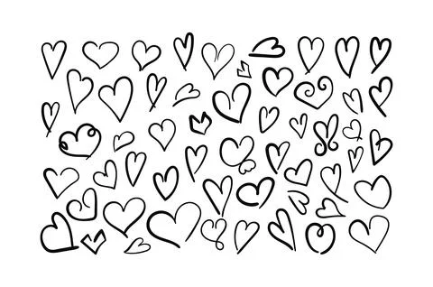 Hand drawn heart set. Collection black scribble Love shapes isolated on whi.. Stock Illustration
