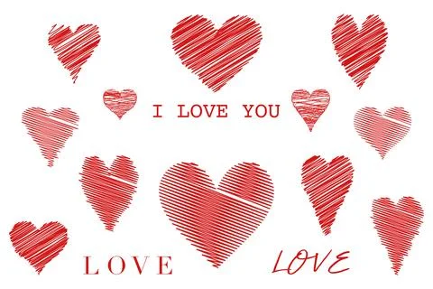 Hand-drawn heart set collection scribble markers hearts isolated on white Stock Illustration