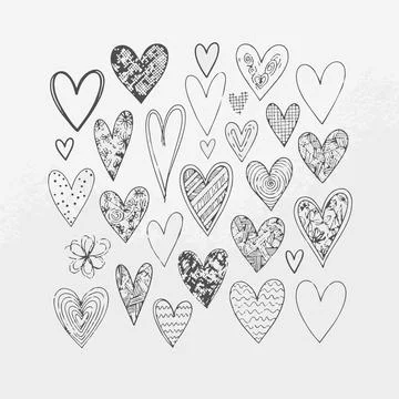 Hand drawn heart shapes, doodle style, black and white illustration Silhouett Stock Illustration