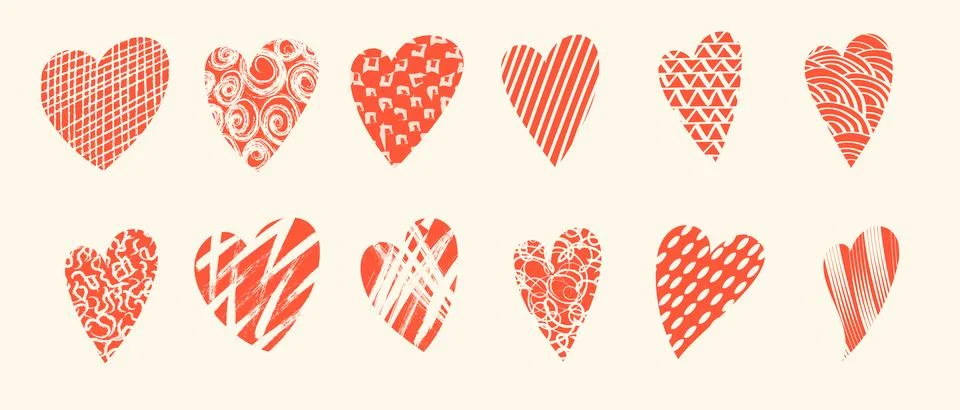 Hand drawn hearts with loop, drops, spots, curves, lines and waves. Hand draw Stock Illustration