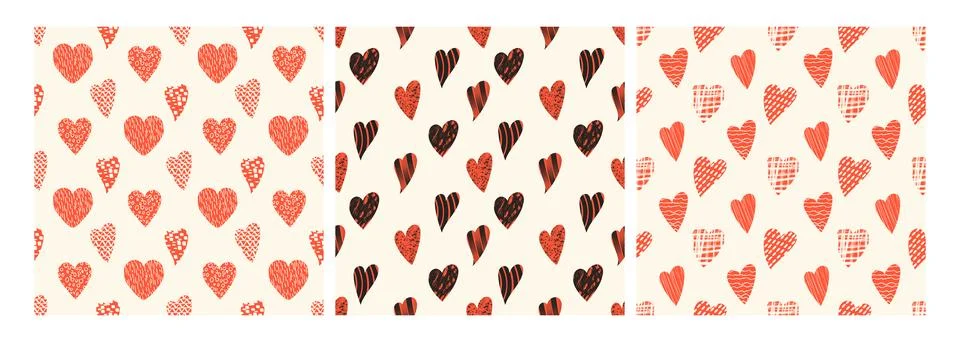 Hand drawn hearts with loop, drops, spots, curves, lines and waves seamless p Stock Illustration