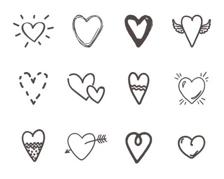 Hand drawn hearts. Outline scribble brush heart set. Doodle drawings love sketch 스톡 일러스트