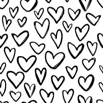 Hand drawn hearts seamless pattern. Repetetive pattern in black and white Stock Illustration