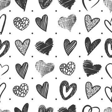 Hand drawn hearts seamless pattern. Heart doodle grunge, romantic textile print 스톡 일러스트