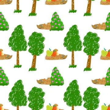 Hand-Drawn Hedgehogs, Trees, and Fruit Bushes Seamless Pattern Stock Illustration