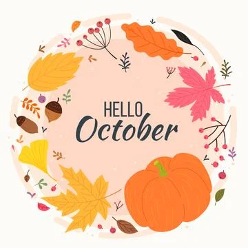 Hand drawn hello october background for autumn celebration Stock Illustration