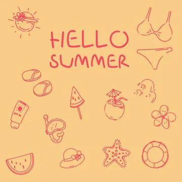 Hand drawn Hello Summer Element - Doodle Vector Illustration Set Stock Illustration