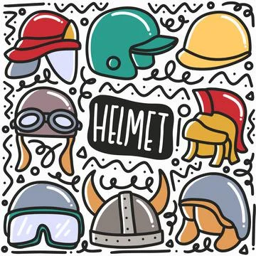 Hand drawn helmet doodle set Stock Illustration