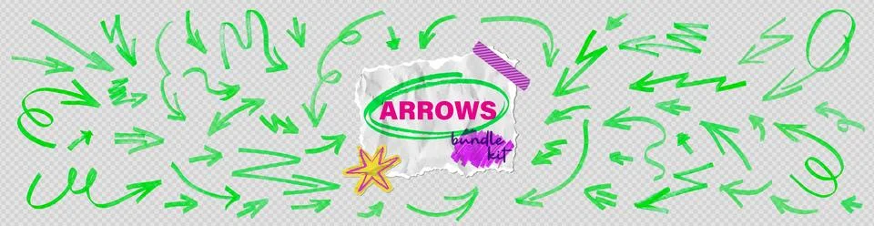 Hand drawn highlight marker doodle set with arrows. Bright green highlighter イラスト素材