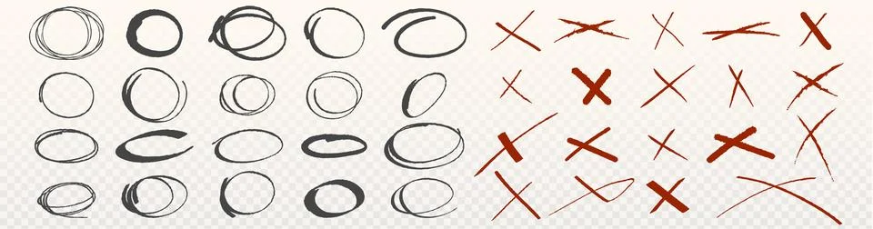 Hand drawn highlight marks set - oval and cross Stock Illustration