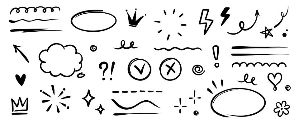 Hand drawn highlight, text underline, emphasis mark, line shape set. Hand drawn Stock Illustration